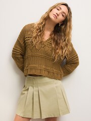 Khaki Green Cotton Stitch Long Sleeve V-Neck Jumper - Image 1 of 7