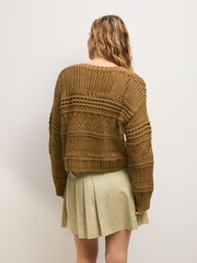 Khaki Green Cotton Stitch Long Sleeve V-Neck Jumper - Image 3 of 7