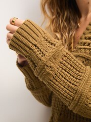 Khaki Green Cotton Stitch Long Sleeve V-Neck Jumper - Image 4 of 7