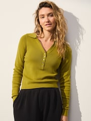 Olive Green Soft Touch V-Neck Knitted Polo Top with Cotton - Image 1 of 6