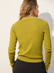 Olive Green Soft Touch V-Neck Knitted Polo Top with Cotton - Image 2 of 6