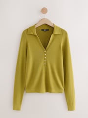 Olive Green Soft Touch V-Neck Knitted Polo Top with Cotton - Image 4 of 6