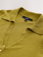Olive Green Soft Touch V-Neck Knitted Polo Top with Cotton - Image 6 of 6