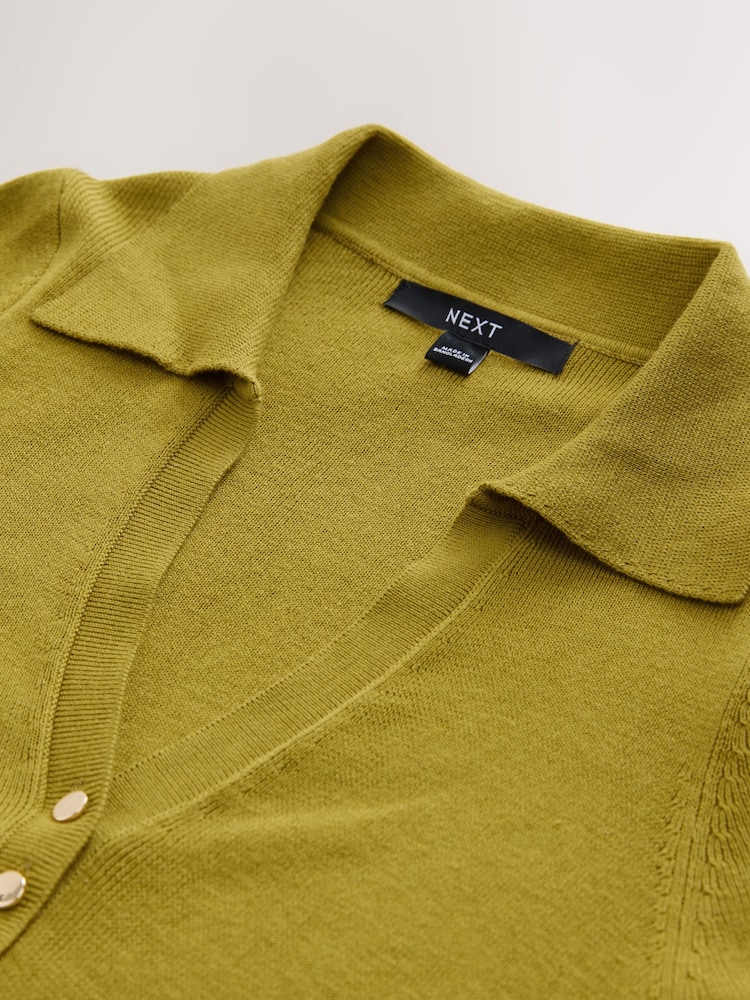 Olive Green Soft Touch V-Neck Knitted Polo Top with Cotton - Image 6 of 6