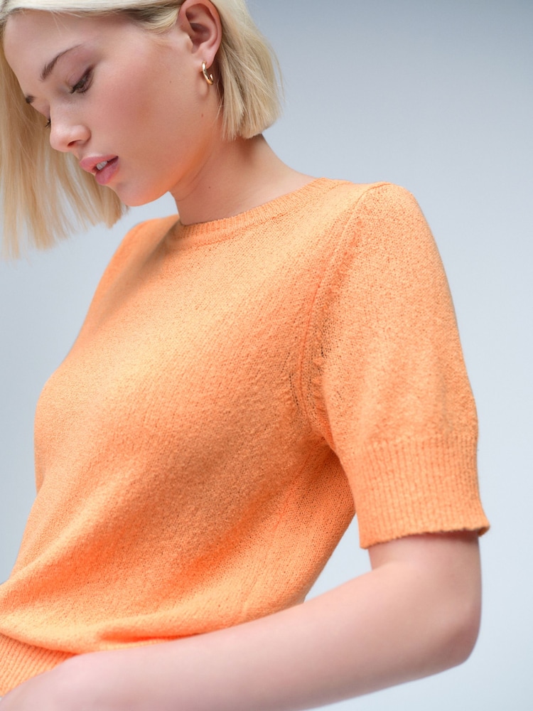 Orange Knitted Textured Crew Neck Short Sleeve Top - Image 1 of 6