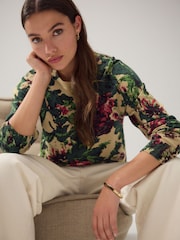 Green Floral Print Soft Touch Crew Neck Jumper With Cotton - Image 1 of 8