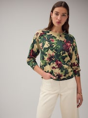 Green Floral Print Soft Touch Crew Neck Jumper With Cotton - Image 2 of 8