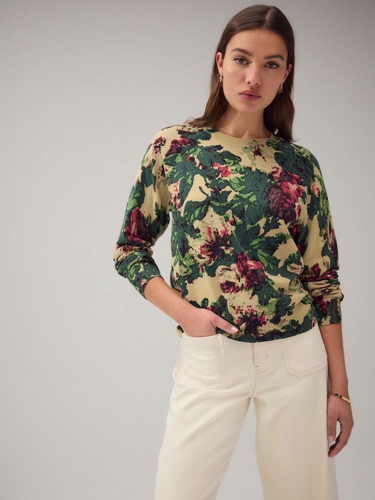 Green Floral Print Soft Touch Crew Neck Jumper With Cotton - Image 2 of 8