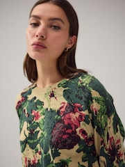 Green Floral Print Soft Touch Crew Neck Jumper With Cotton - Image 5 of 8