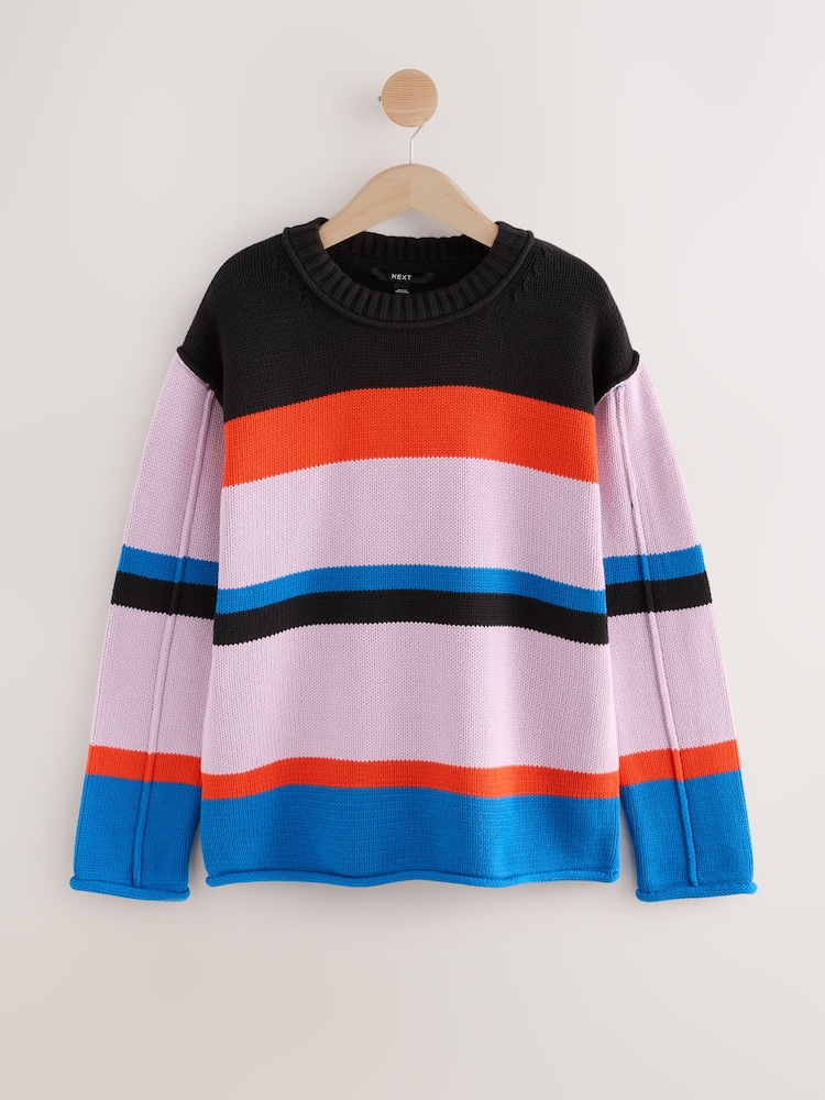 Listra múltipla - Cotton Roll Edge Crew Neck Long Sleeve Jumper - Imagem 1 de 3