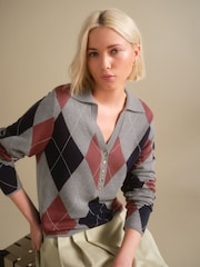 Grey Argyle Soft Touch V-Neck Knitted Polo Top with Cotton - Image 1 of 8