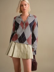 Grey Argyle Soft Touch V-Neck Knitted Polo Top with Cotton - Image 2 of 8