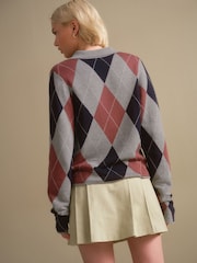 Grey Argyle Soft Touch V-Neck Knitted Polo Top with Cotton - Image 3 of 8