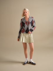 Grey Argyle Soft Touch V-Neck Knitted Polo Top with Cotton - Image 4 of 8