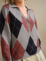 Grey Argyle Soft Touch V-Neck Knitted Polo Top with Cotton - Image 5 of 8