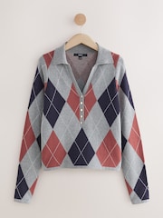 Grey Argyle Soft Touch V-Neck Knitted Polo Top with Cotton - Image 6 of 8