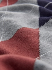 Grey Argyle Soft Touch V-Neck Knitted Polo Top with Cotton - Image 7 of 8