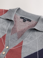 Grey Argyle Soft Touch V-Neck Knitted Polo Top with Cotton - Image 8 of 8