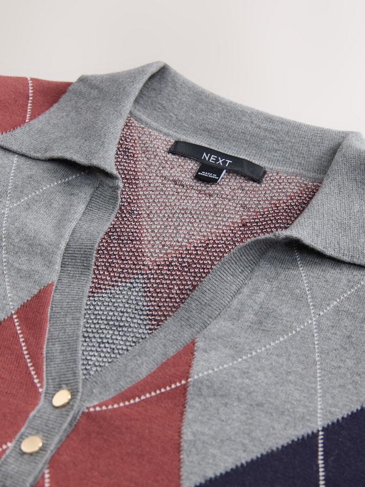 Grey Argyle Soft Touch V-Neck Knitted Polo Top with Cotton - Image 8 of 8