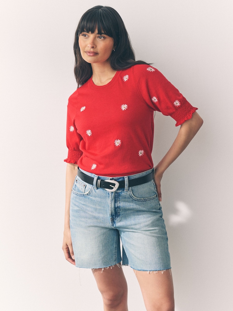 Red Flower Print Short Sleeve Crew Neck T-Shirt With Frill Edge Detail - Image 1 of 7