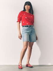 Red Flower Print Short Sleeve Crew Neck T-Shirt With Frill Edge Detail - Image 2 of 7
