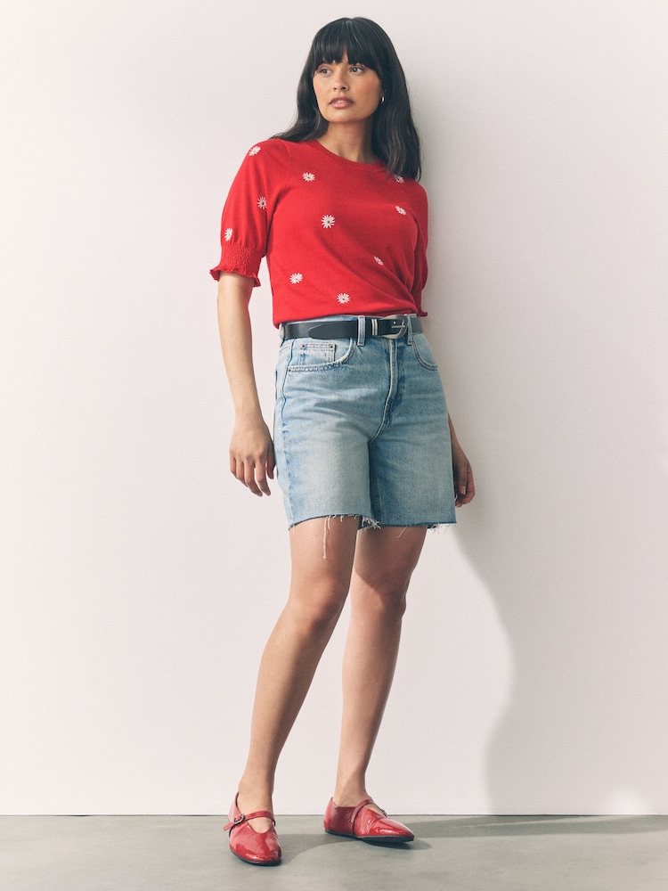 Red Flower Print Short Sleeve Crew Neck T-Shirt With Frill Edge Detail - Image 2 of 7