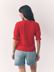 Red Flower Print Short Sleeve Crew Neck T-Shirt With Frill Edge Detail - Image 3 of 7