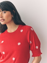 Red Flower Print Short Sleeve Crew Neck T-Shirt With Frill Edge Detail - Image 4 of 7