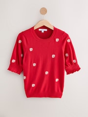 Red Flower Print Short Sleeve Crew Neck T-Shirt With Frill Edge Detail - Image 5 of 7