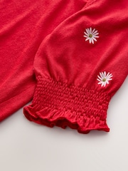 Red Flower Print Short Sleeve Crew Neck T-Shirt With Frill Edge Detail - Image 6 of 7