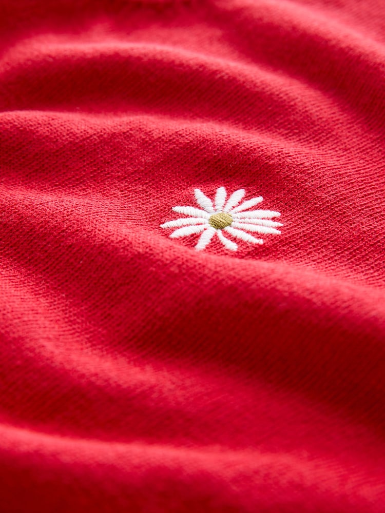 Red Flower Print Short Sleeve Crew Neck T-Shirt With Frill Edge Detail - Image 7 of 7