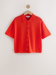 Orange Knitted Collared Short Sleeve Shirt With Linen - Image 1 of 3