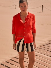 Orange Knitted Collared Short Sleeve Shirt With Linen - Image 4 of 7
