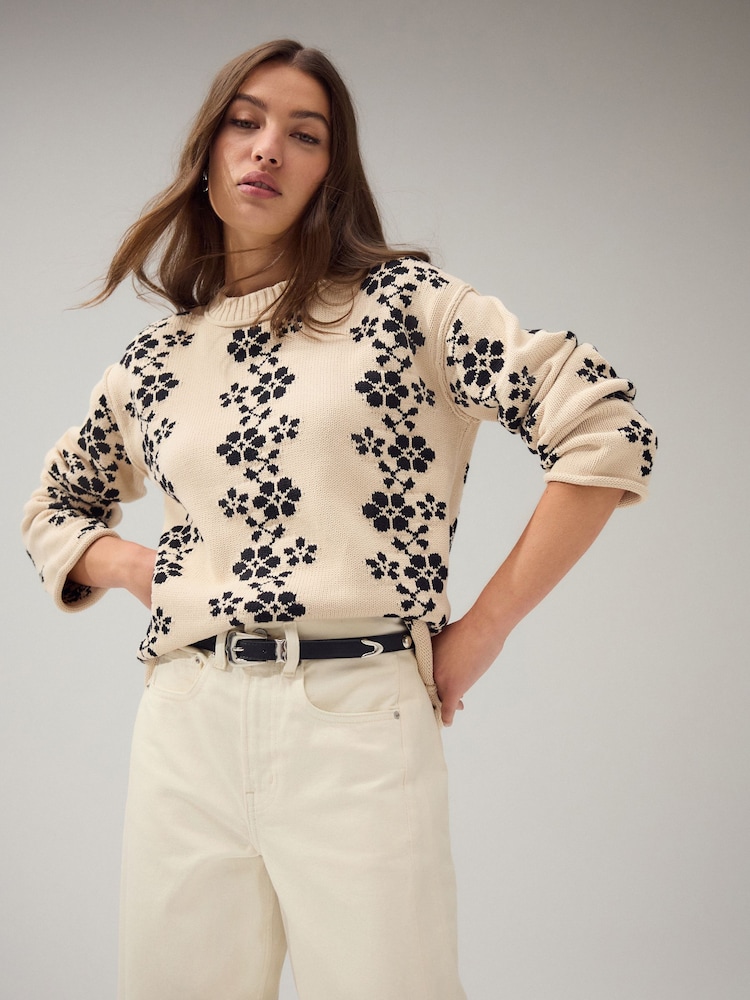 Mono Flower Print - Cotton Roll Edge Crew Neck Long Sleeve Jumper - Imagem 1 de 8