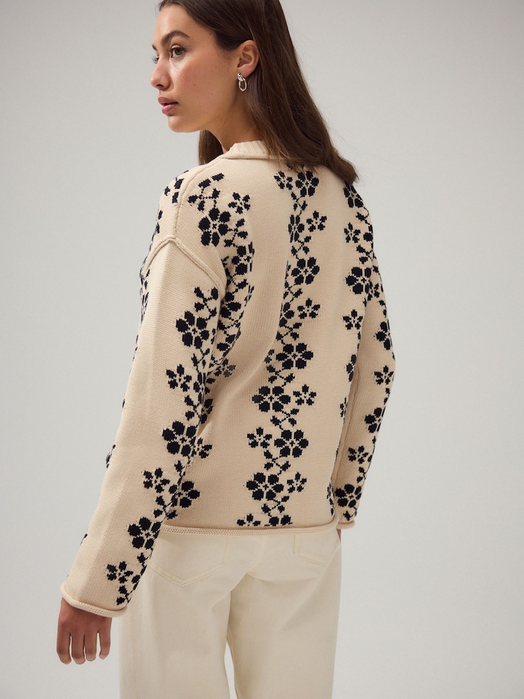 Mono Flower Print - Cotton Roll Edge Crew Neck Long Sleeve Jumper - Imagem 2 de 8