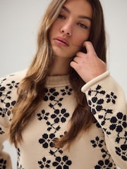 Mono Flower Print - Cotton Roll Edge Crew Neck Long Sleeve Jumper - Imagem 5 de 8