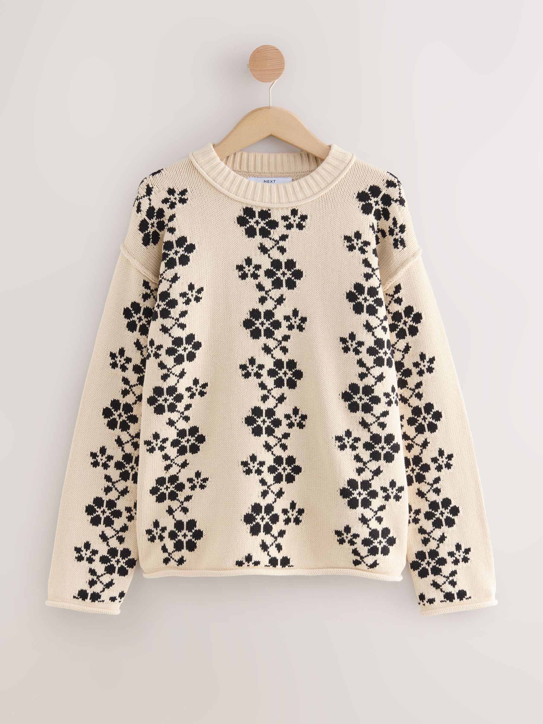 Buy Mono Flower Print Cotton Roll Edge Crew Neck Long Sleeve