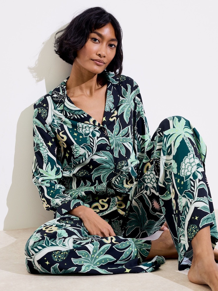 Oliver Bonas Black Disco Jungle Shirt & Trousers Pyjamas Set - Image 1 of 8