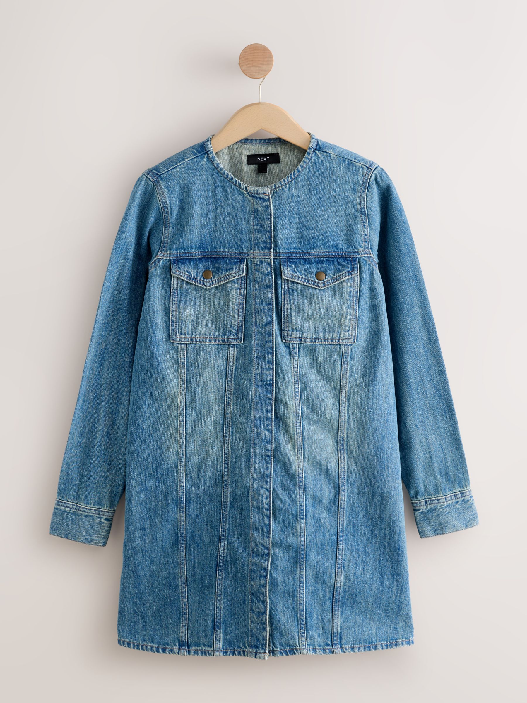 Buy Mid Blue Collarless Long Sleeve Denim 100% Cotton Mini Dress