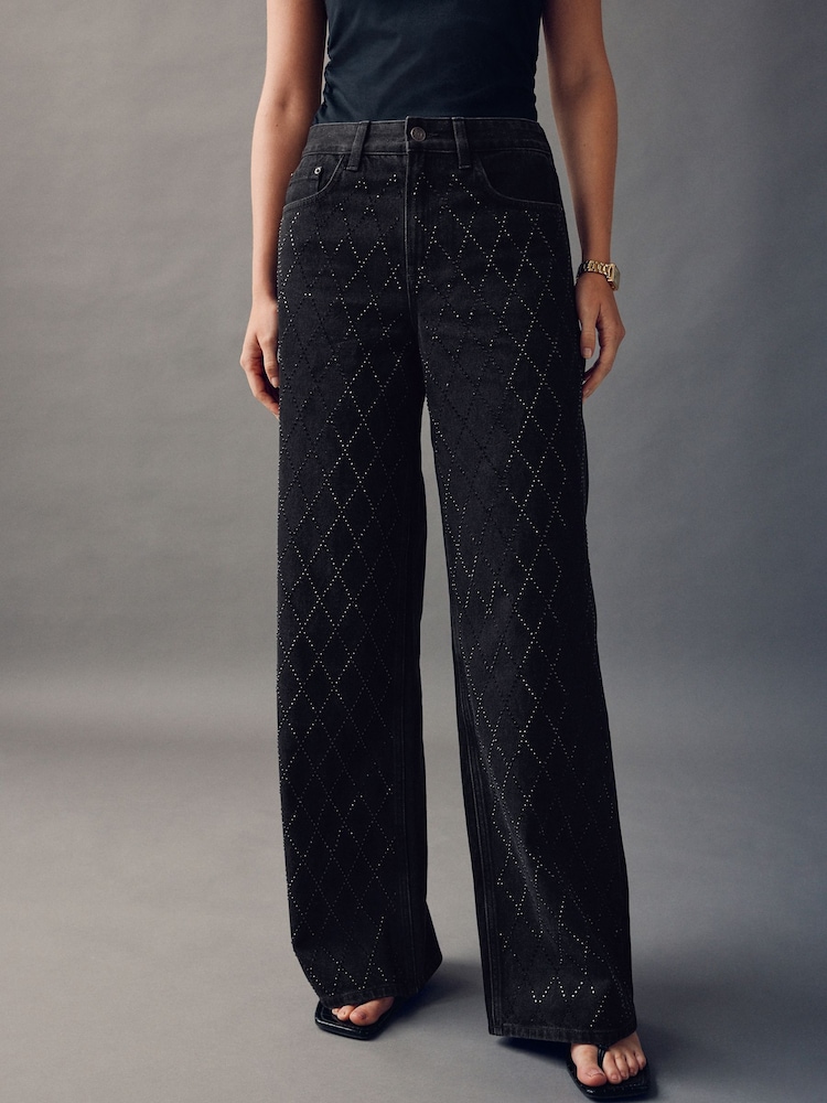 Black Embellished Wide Leg Jeans - Image 1 of 9