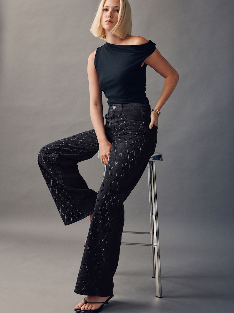 Black Embellished Wide Leg Jeans - Image 2 of 9