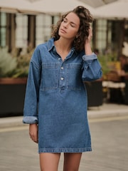 Mid Blue Mini Long Sleeve Utility Denim Dress - Image 3 of 8