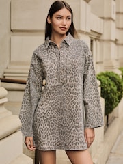 Leopard Print Mini Long Sleeve Utility Denim Dress - Image 3 of 8