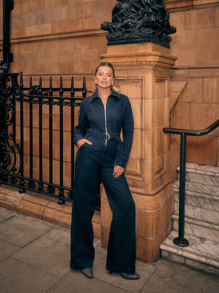 Mavi yuyun - Denim kəmərli geniş ayaqlı kombinezon - 8şəkildən 1 şəkil