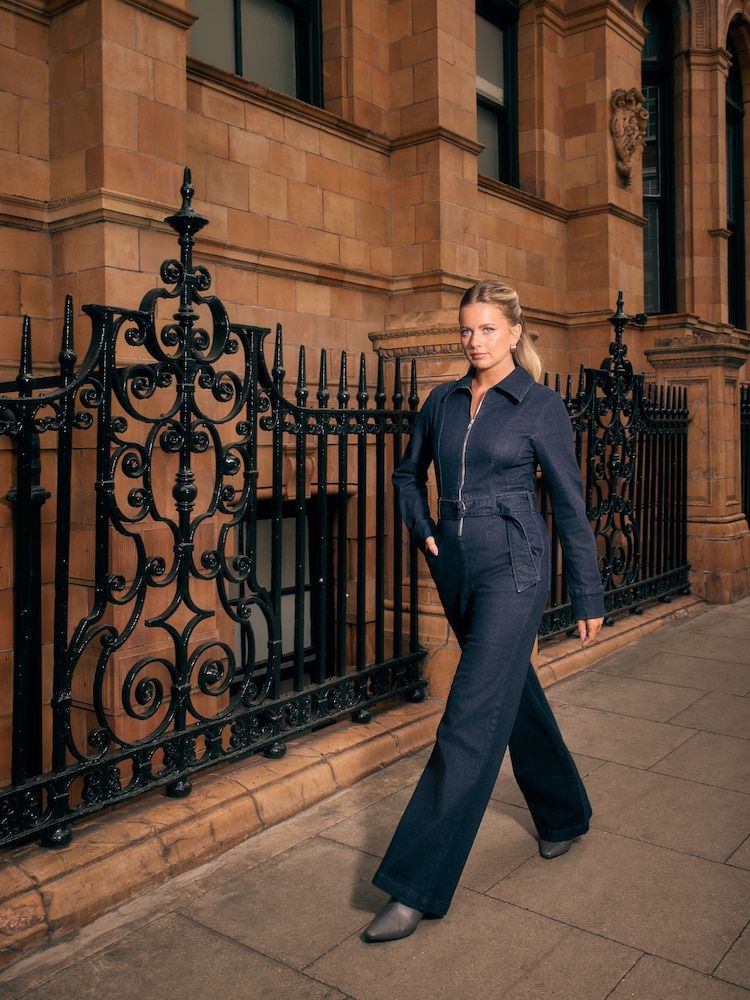 Mavi yuyun - Denim kəmərli geniş ayaqlı kombinezon - 8şəkildən 2 şəkil