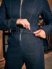 Mavi yuyun - Denim kəmərli geniş ayaqlı kombinezon - 8şəkildən 4 şəkil