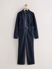 Mavi yuyun - Denim kəmərli geniş ayaqlı kombinezon - 8şəkildən 6 şəkil