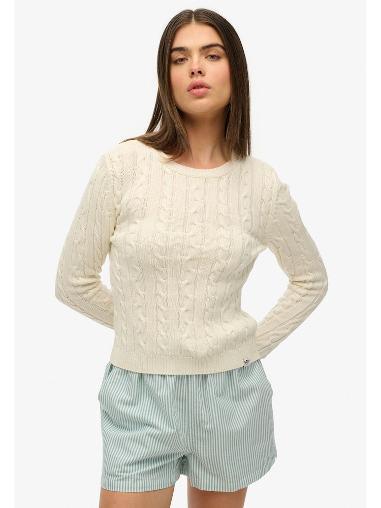 Superdry Cream Essentials Slim Cable Knit Crew Neck 100% Cotton Jumper - Image 1 of 5