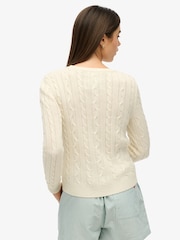 Superdry Cream Essentials Slim Cable Knit Crew Neck 100% Cotton Jumper - Image 2 of 5