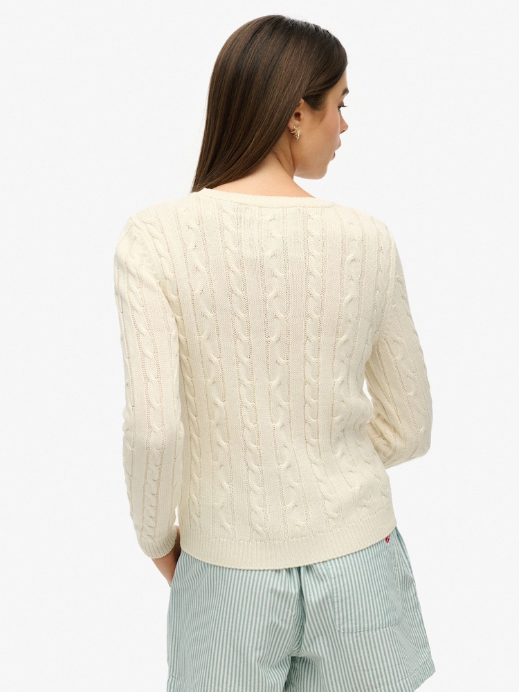 Superdry Cream Essentials Slim Cable Knit Crew Neck 100% Cotton Jumper - Image 2 of 5